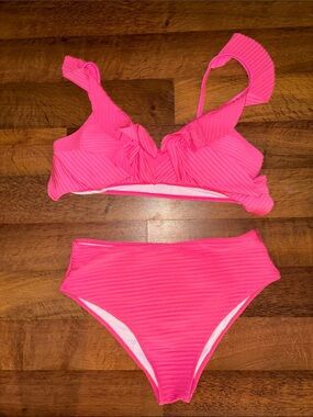 Hot Pink Ribbed Two-Piece Bikini Set